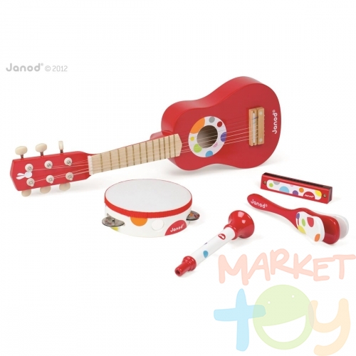 Набор музыкальных инструментов,красный (гитара, бубен, губная гармошка, дудочка, трещотка)